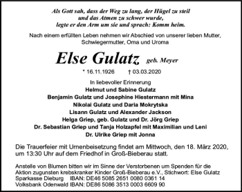 Traueranzeige von Else Gulatz von vrm-trauer