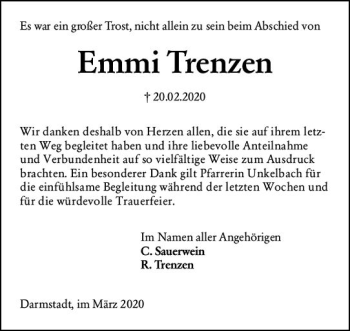 Traueranzeige von Emmi Trenzen von vrm-trauer Traueranzeige von Emmi Trenzen von vrm-trauer