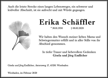 Traueranzeige von Erika Schäffler von vrm-trauer