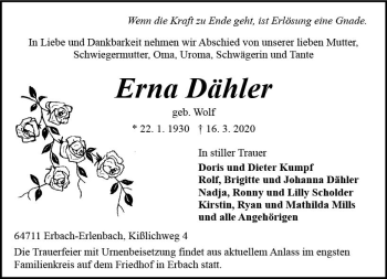 Traueranzeige von Erna Döhler von vrm-trauer
