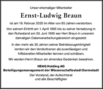 Traueranzeige von Ernst-Ludwig Braun von vrm-trauer Traueranzeige von Ernst-Ludwig Braun von vrm-trauer