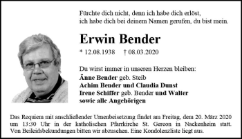 Traueranzeige von Erwin Bender von vrm-trauer