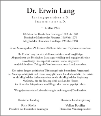 Traueranzeige von Erwin Lang von vrm-trauer