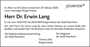 Traueranzeige von Erwin Lang von vrm-trauer
