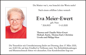 Traueranzeige von Eva Meier-Ewert von vrm-trauer