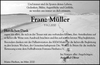 Traueranzeige von Franz Müller von vrm-trauer