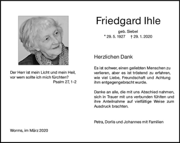 Traueranzeige von Friedgard Ihle von vrm-trauer