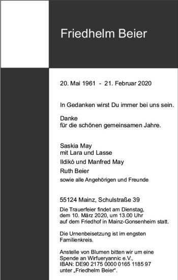 Traueranzeige von Friedhelm Beier von vrm-trauer