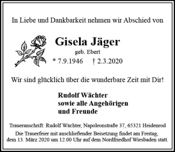 Traueranzeige von Gisela Jäger von vrm-trauer