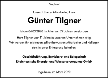 Traueranzeige von Günter Tilgner von vrm-trauer