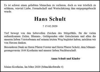 Traueranzeige von Hans Schult von vrm-trauer