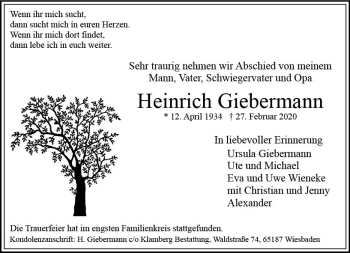 Traueranzeige von Heinrich Giebermann von vrm-trauer