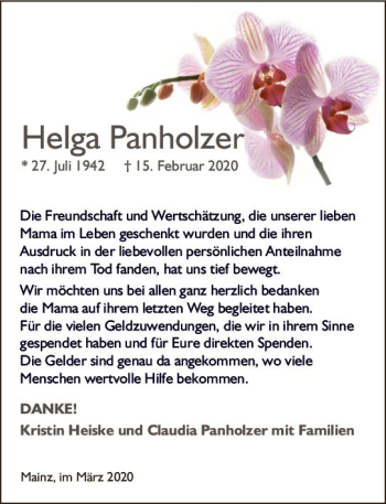 Traueranzeige von Helga Panholzer von vrm-trauer