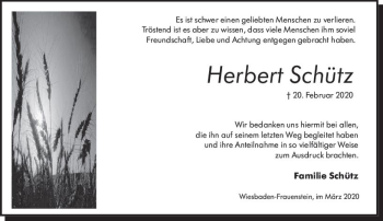 Traueranzeige von Herbert Schütz von vrm-trauer