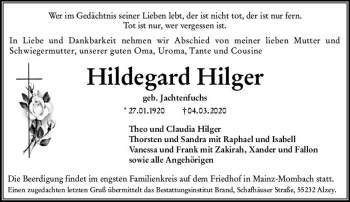 Traueranzeige von Hildegard Hilger von vrm-trauer