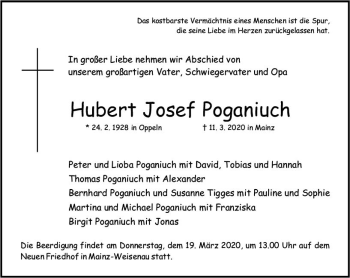 Traueranzeige von Hubert Josef Poganiuch von vrm-trauer