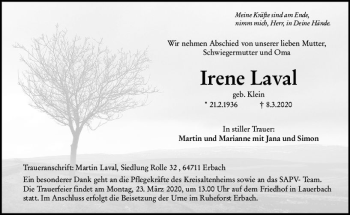Traueranzeige von Irene Laval von vrm-trauer