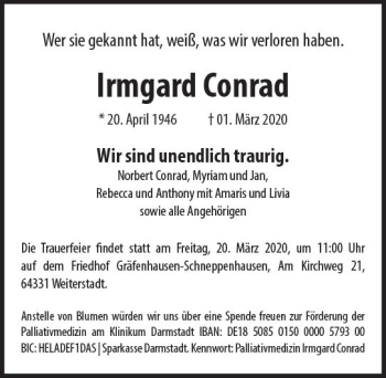 Traueranzeige von Irmgard Conrad von vrm-trauer