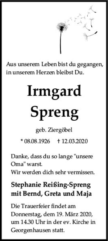 Traueranzeige von Irmgard Spreng von vrm-trauer