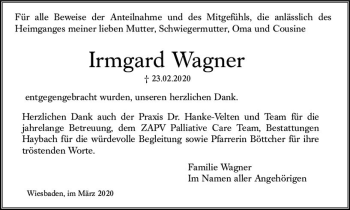Traueranzeige von Irmgard Wagner von vrm-trauer