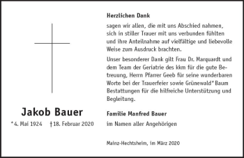 Traueranzeige von Jakob Bauer von vrm-trauer