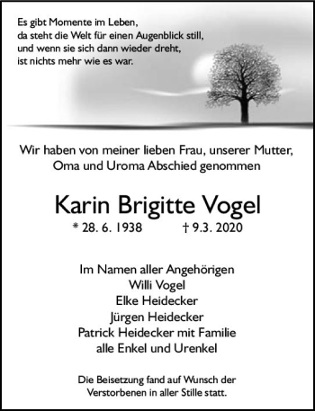 Traueranzeige von Karin Brigitte Vogel von vrm-trauer