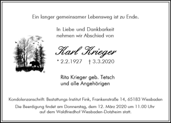 Traueranzeige von Karl Krieger von vrm-trauer