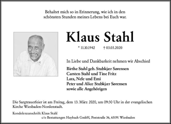 Traueranzeige von Klaus Stahl von vrm-trauer
