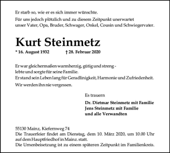 Traueranzeige von Kurt Steinmetz von vrm-trauer
