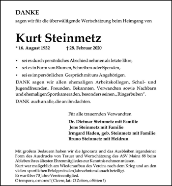 Traueranzeige von Kurt Steinmetz von vrm-trauer