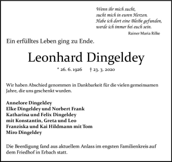 Traueranzeige von Leonhard Dingeldey von vrm-trauer