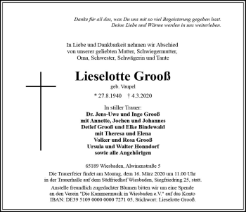 Traueranzeige von Lieselotte Grooß von vrm-trauer