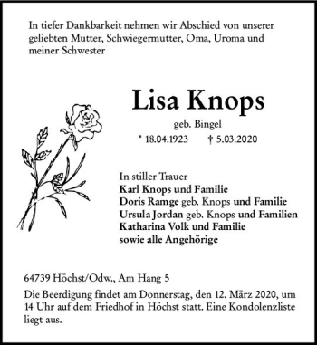 Traueranzeige von Lisa Knops von vrm-trauer