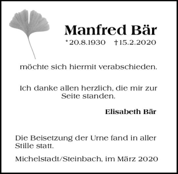 Traueranzeige von Manfred Bär von vrm-trauer