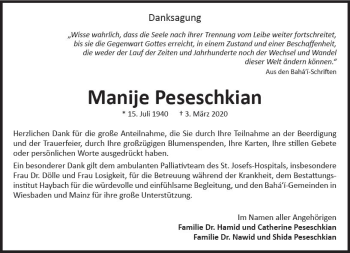 Traueranzeige von Manije Peseschkian von vrm-trauer