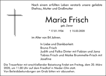 Traueranzeige von Maria Frisch von vrm-trauer