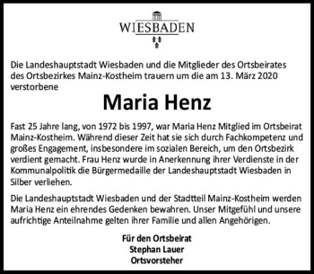 Traueranzeige von Maria Henz von vrm-trauer