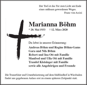 Traueranzeige von Marianna Böhm von vrm-trauer
