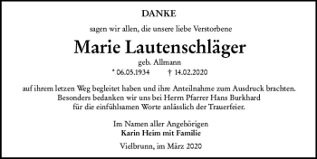 Traueranzeige von Marie Lautenschläger von vrm-trauer