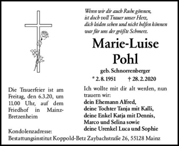 Traueranzeige von Marie-Luise Pohl von vrm-trauer