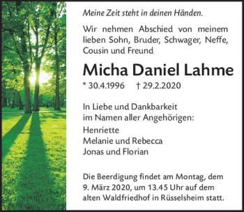 Traueranzeige von Micha Daniel Lahme von vrm-trauer