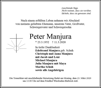 Traueranzeige von Peter Manjura von vrm-trauer