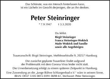 Traueranzeige von Peter Steinringer von vrm-trauer