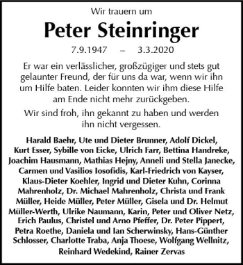 Traueranzeige von Peter Steinringer von vrm-trauer