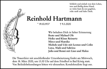 Traueranzeige von Reinhold Hartmann von vrm-trauer