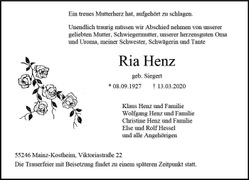 Traueranzeige von Ria Henz von vrm-trauer