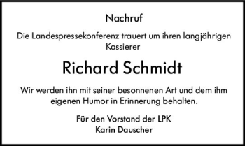 Traueranzeige von Richard Schmidt von vrm-trauer