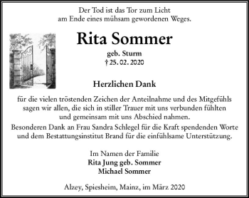 Traueranzeige von Rita Sommer von vrm-trauer