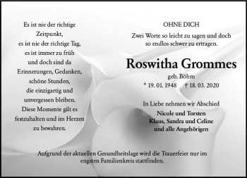Traueranzeige von Roswitha Grommes von vrm-trauer