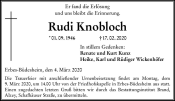 Traueranzeige von Rudi Knobloch von vrm-trauer